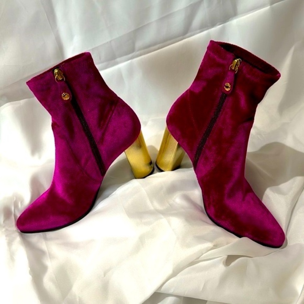 Fuchsia Velvet Peython Funky Gold Ridged Block Heels US 7.5 EU 37.5 - Picture 4 of 17